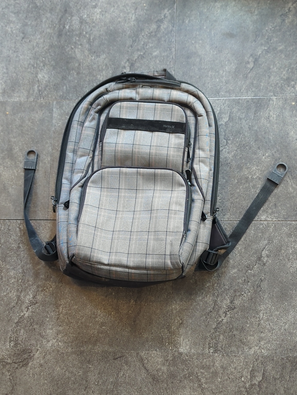 Hurley Gray Plaid Backpack with Multiple Pockets